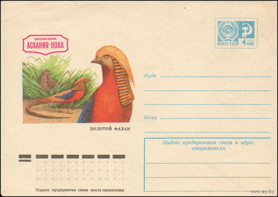 Художественный маркированный конверт СССР N 10398 (19.03.1975) Заповедник Аскания-Нова  Золотой фазан