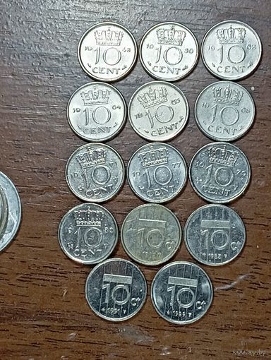 Недерланды 10 центов 1948,1950,1962,1964,1965,1968,1971,1977,1979,1980,1982,1985,1991,1999 года .
