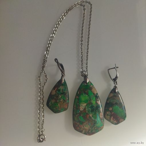 Винтажный сет. Серьги и подвеска.Яшма императорская. 5х3 см., 3,5х2 см.