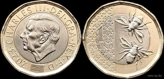 Великобритания 1 фунт 2023г (2024) Пчелы UNC (новый тип, Карл III)