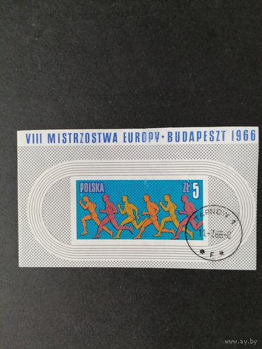 Польша 1966 Блок Mi.39 с маркой "Чемпионат Европы по легкой атлетике в Будапеште" (гашение с клеем штамп TARNOW) марка Mi.1688 каталог 1.50 евро