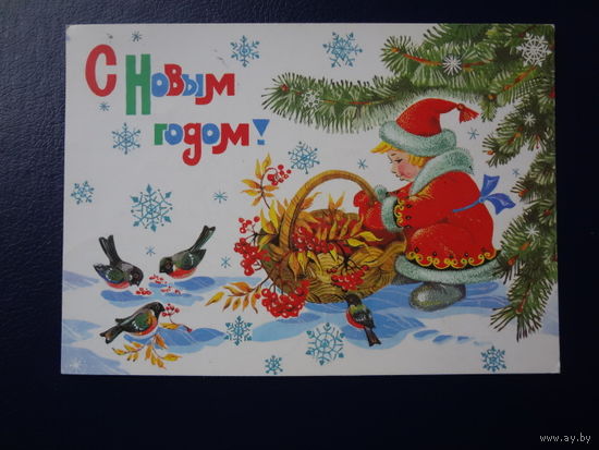 С Новым годом!  1987 г.  Мальчик Новый год, корзина, рябина, снегири.  подписанная.