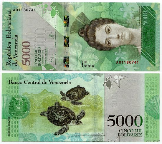 Венесуэла. 5000 боливаров (образца 2016 года, P97a, UNC)