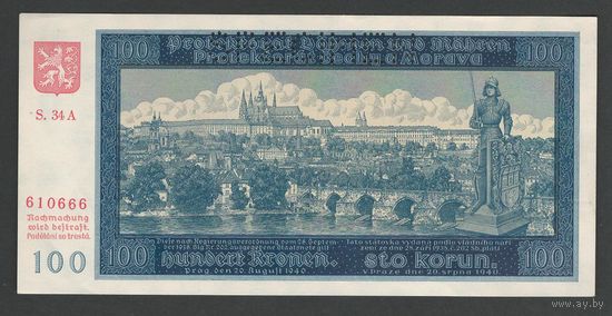 Чехословакия Богемия и Моравия 100 крон 1940 года. Перфорация. Тип P-7а. Состояние UNC-