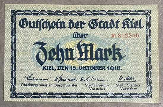 Банкнота 10 марок. 1918 год. Киль. Веймарская республика.