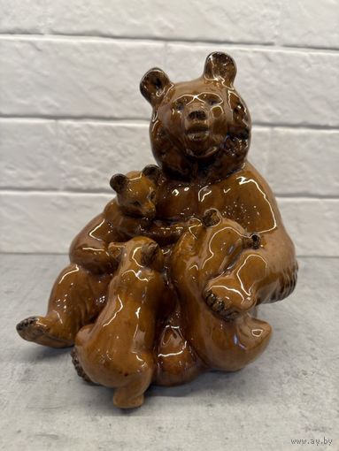 Статуэтка МЕДВЕДИЦА С МЕДВЕЖАТАМИ. Старая Гжель 1950 тые годы. Большая. Редкость!.  Распродажа коллекции!!!