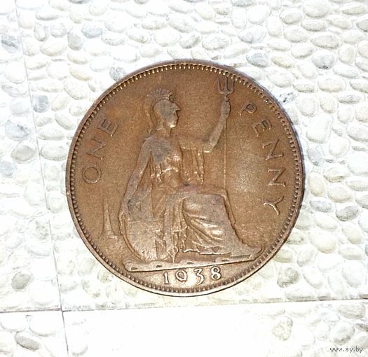 1 пенни 1938 года Великобритания. Король Георг 6. Шикарная родная патина!
