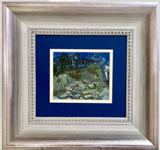 Щемелёв Л.Д "Берег", 1973г. Картон, масло. Размер с рамой и паспарту 39,5х37,5 см.