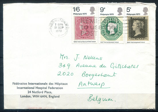 Великобритания - 1970г. - филателистическая выставка - 1 конверт - полная серия [Mi 555-557]. #3-GB-95-CP-13