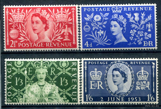 Великобритания - 1953г. - коронация королевы Елизаветы II - 4 марки - полная серия, MNH [Mi 274-277]. #3-GB-99-B-1