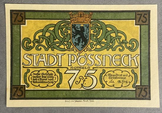 Нотгельд 75 пфеннигов 1921 год. Пёсснек. Веймарская республика