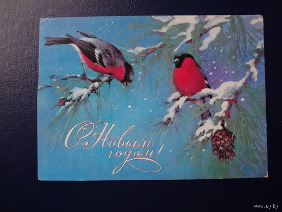 С Новым годом!  1987 г.  Снегири.  подписанная.