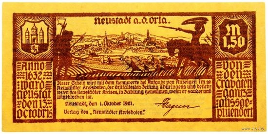 РАСПРОДАЖА!!! - ГЕРМАНИЯ  НОЙШТАДТ (САКСОНИЯ) 1,5 марки 1921 год (первый сюжет) - UNC!