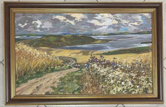 Белоусов В.П;76,5/45см"Нарочанские хлеба", 1976г. ДВП, масло. Размер 76,5х45 см.