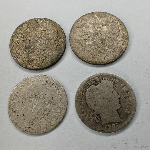 Серебряная Монета 10 грошей 1840 г.2 шт. 10 крейцеров 1870 г. 1 дайм 1907 г.  Одним лотом 4 монеты. С рубля
