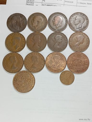 Великобритания 1/2 пенни 191907,1913,1936,1943,1944,1954,1956,2959,1962,1963,1966, 1971,1987,1991 года .,