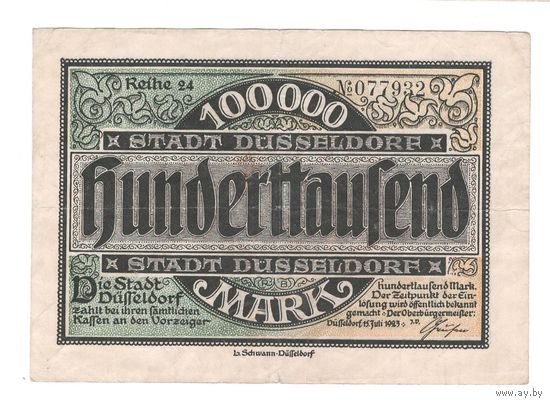Германия Дюссельдорф 100 000 марок 1923 года. Состояние VF+