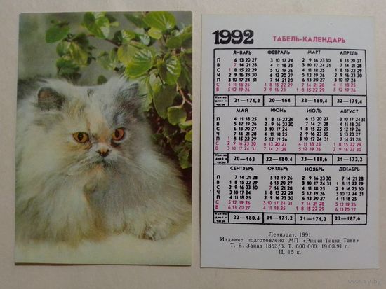 Карманный календарик. Котик.1992 год