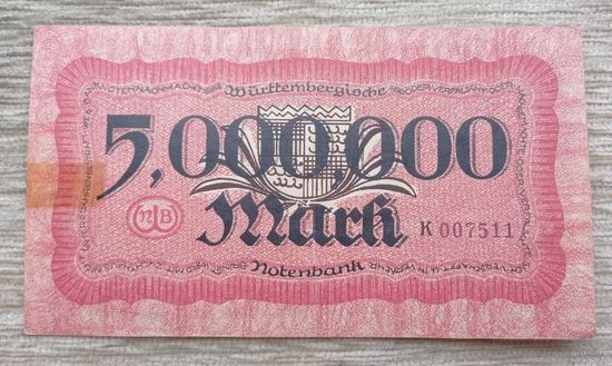 Werty71 Германия 5 миллионов 5000000 марок 1923 Заемный Банк Вюртемберга Штутгард 5 000 000 банкнота гроссгельд