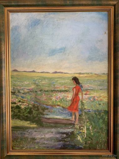 Гавриленко П.Н "Девушка в красном", 1959г. К/М.р.без рамы 69.5х50 см.