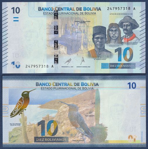 Боливия, 10 боливиано 2018 г, P-248(2-1) (A, национальный парк Тороторо, исполинский колибри), UNC