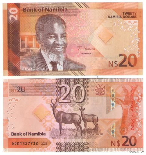 Намибия 20 долларов 2025 год Новый дизайн. Банкнота - гибрид (бумага + полимер) UNC НОВИНКА
