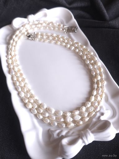 Трехрядное колье из барочного натурального винтажного жемчуга с ретро-застежкой