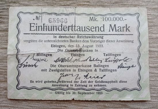 Werty71 Германия 100000 марок 1923 банкнота Гроссгельд Эбинген