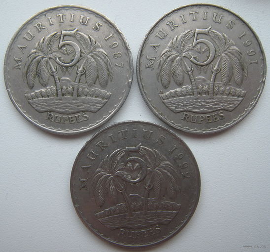 Маврикий 5 рупий 1987, 1991, 1992 гг. Цена за 1 шт.