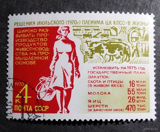 Марка СССР 1970 год Решения пленума ЦК КПСС - в жизнь!