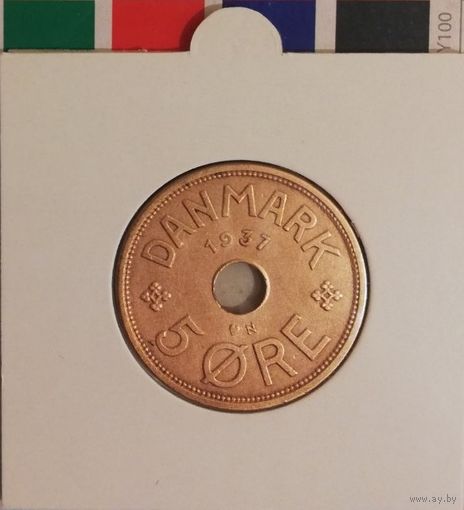 Дания 5 эре 1937 N GJ в холдере