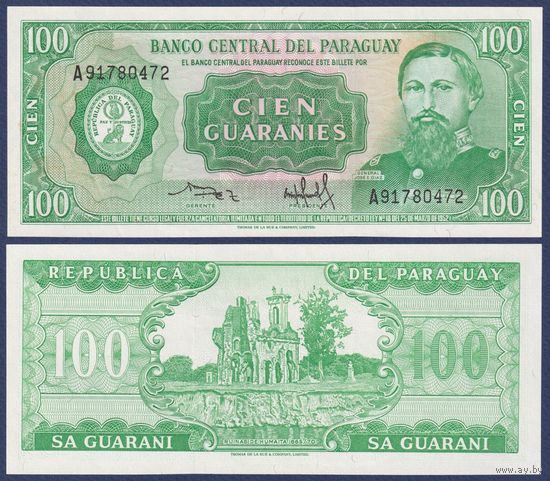 Парагвай, 100 гуарани 1952 (1982) г., P-205(3) (A, генерал Хоче Диас, Руины Хумаиты), UNC