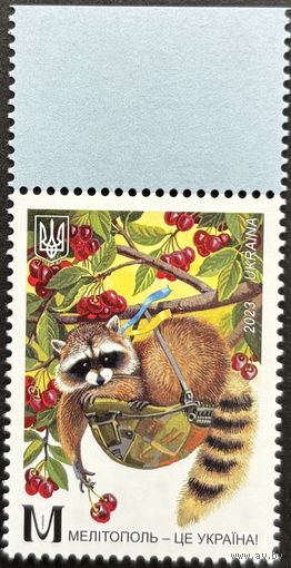 Украина 2023 Фауна. Мелитополь. Енот. Деревья. Плоды. марка.