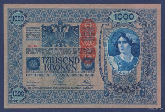 Австрия, 1000 крон 1902 (1919) г., P-59 (надпечатка DEUTSCHOSTERREICH), aUNC