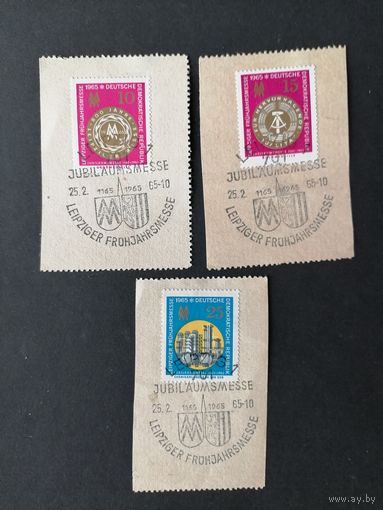 ГДР 1965 Полная серия марок на вырезках "Весенняя торговая ярмарка в Лейпциге" (спецгашение) Mi.1090-1092 каталог 1.20 евро