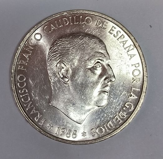 100 песет 1966 Испания портрет Франко серебро 800 пробы