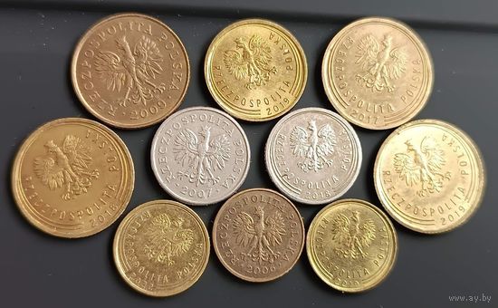 1 грош 2006, 2019, 2022, 2024, 2 гроша 2019, 5 грошей 2009, 2017, 2018, 2019, 10 грошей 2007, 2018