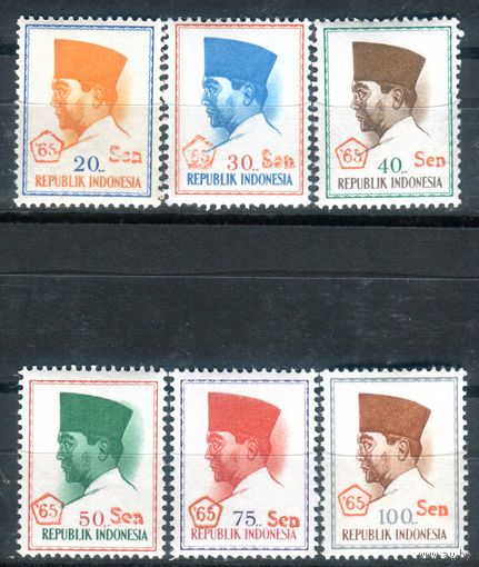 Индонезия - 1966г. - президент Сукарно - 6 марок - полная серия, MNH, 3 марки с пожелтением клея [Mi 507-512]. #4-W2-Z-1-13