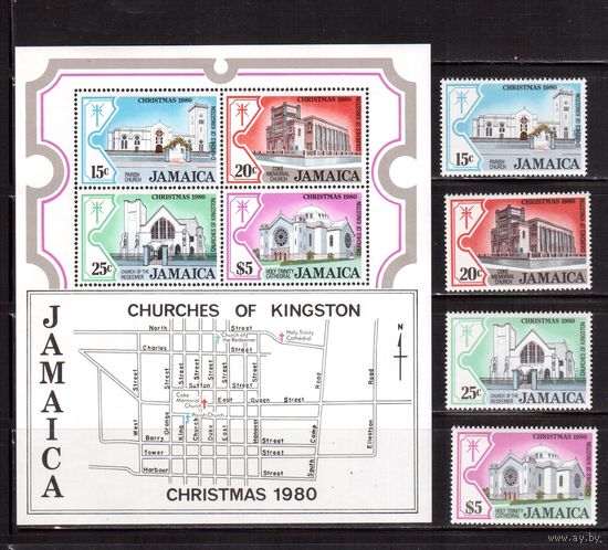 Ямайка-1980, (Мих.492-495,Бл.16) **, Рождество,Религия, Церкви, (полная серия)
