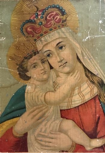 Старинная литография Пресвятая Богородица