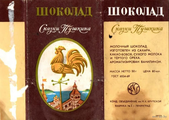 Обертка от шоколада "Сказки Пушкина" (конд. ф-ка им. Крупской)