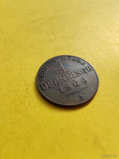 4 пфеннига 1860 года (А), Огонёк сохран. Не частая. СМОТРИТЕ ДР. МОИ ЛОТЫ.