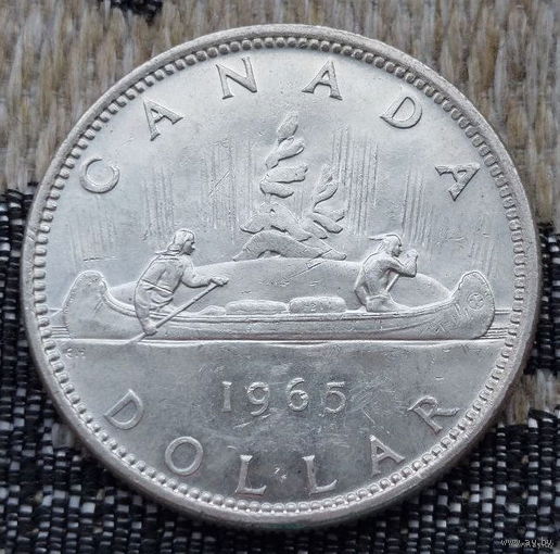 Канада 1 доллар 1965 год, AU. Елизавета II. Индейцы. Каноэ. Серебро 900. Сторгуй за свою цену, предложи обмен!
