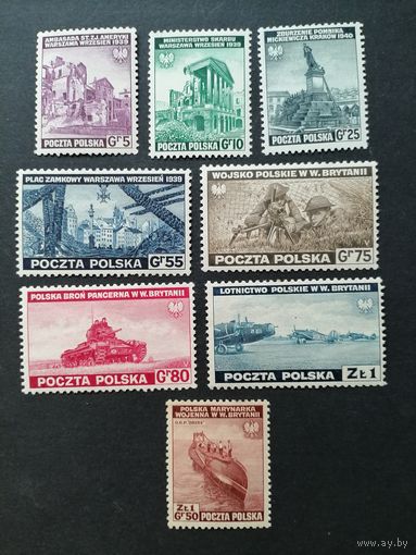 Польша 1941 Польское правительство в изгнании в Лондоне. Полная серия марок "Изображения разрушенной Варшавы и нахождения польских войск в Англии" (чистые*) Mi.360-367 каталог 45.00 евро