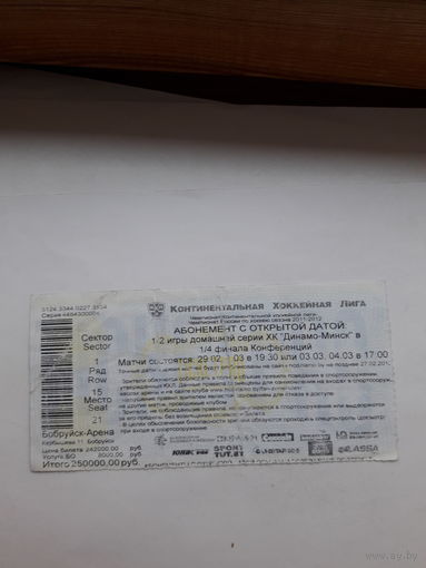 Входной билет Бобруйск Хоккей Абонемент