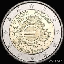 2 Евро Финляндия 2012 10 лет наличному евро UNC из ролла