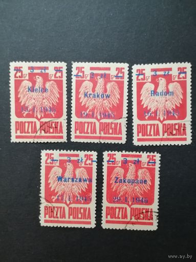 Польша 1945 Неполная серия с надпечаткой нового номинала, датой освобождения на марке Mi.383 1944 года "Национальные символы" (гашение без клея) Mi.390V-390VI,390VIII-390X каталог 95.00 евро