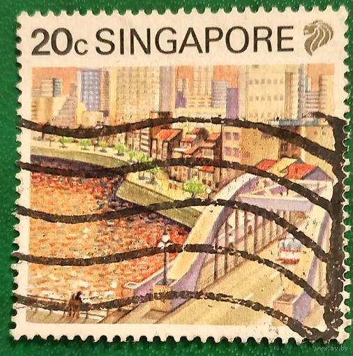 Сингапур 1990. Городской пейзаж с видом на реку Сингапур и мост Элгин
