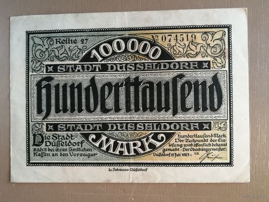 Германия, 100000 марок 1923 год, Дюссельдорф, 1150.b, Reihe 21...  Wz. Parkett, печать чёрная