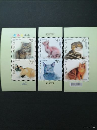 Украина 2007 Три вертикальные сцепки каждая из двух марок блока Mi.61 "Коты" (чистые**) Mi.871-876 каталог 3.60 евро